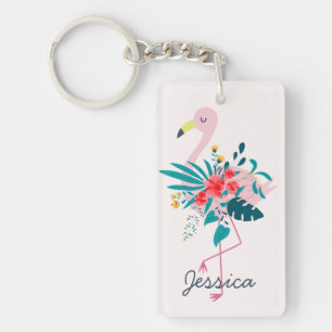 Porte-clefs Flamant rose floral tropical mou