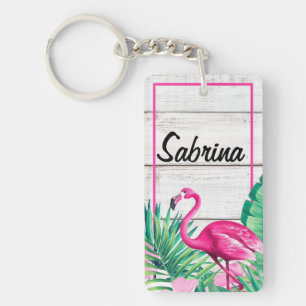 Porte-clefs Flamant rose floral tropical Nom personnalisé Plag