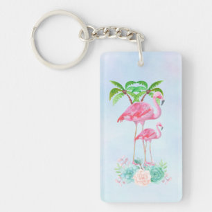 Porte-clefs Flamant rose rose Momma & bébé avec palmiers
