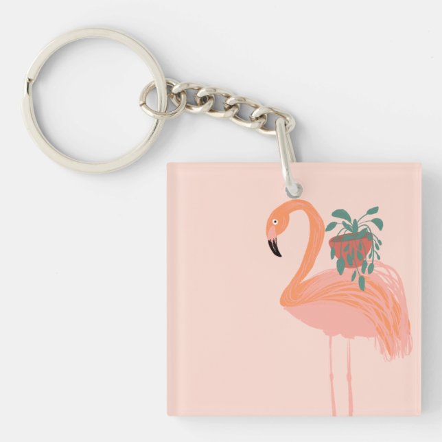 Porte-clefs Flamant rose tropical avec main Plante pointillée  (Devant)