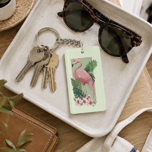 Porte-clefs Flamant Rose Tropical Feuilles de Palmier Vert Lys