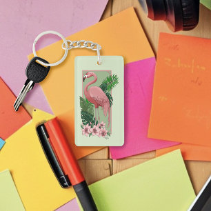 Porte-clefs Flamant Rose Tropical Feuilles de Palmier Vert Lys