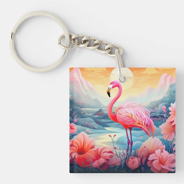 Porte-clefs Flamant Tropical avec Fleurs (Devant)