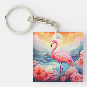 Porte-clefs Flamant Tropical avec Fleurs