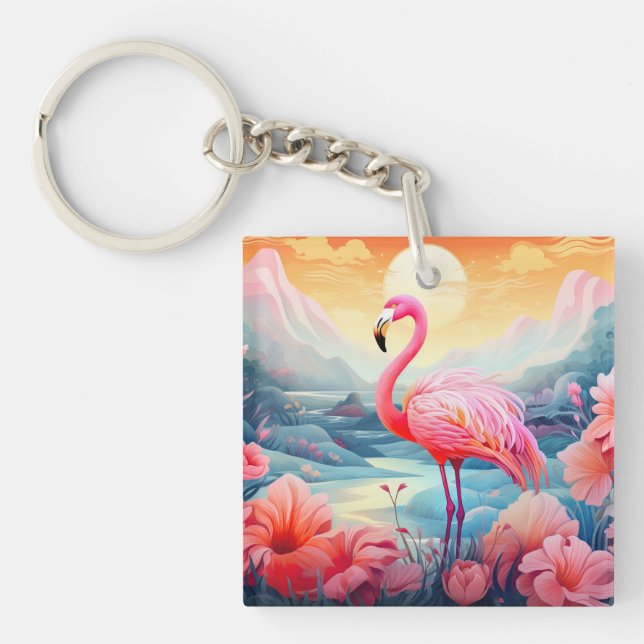 Porte-clefs Flamant Tropical avec Fleurs (Devant)