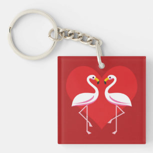 Porte-clefs Flamants roses blancs mignons rose avec coeur roug