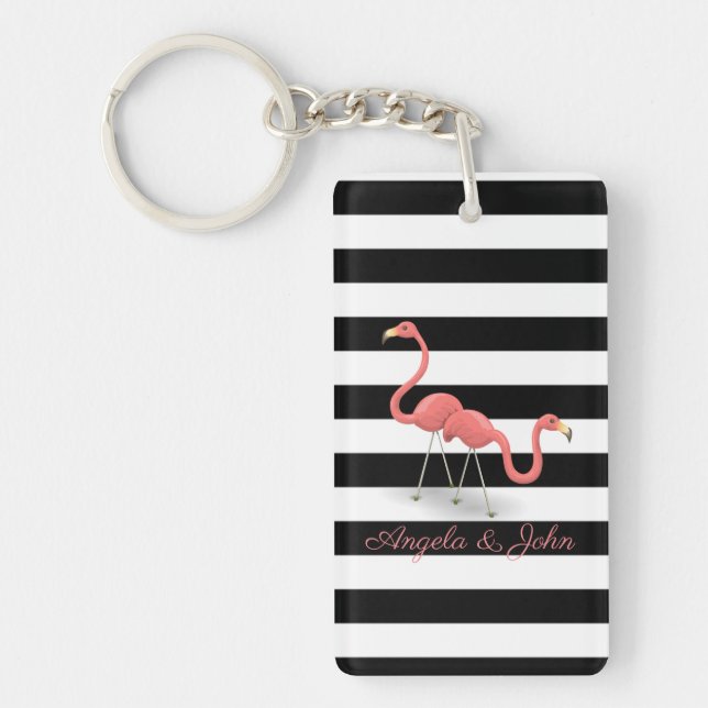 Porte-clefs Flamants roses mignons, rayures noires et blanches (Devant)