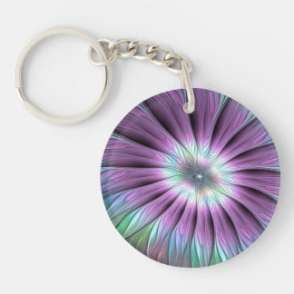 Porte-clefs Fleur Abstraite colorée rose bleu vert fractal