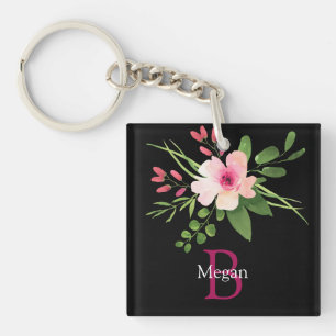 Porte-clefs Fleur aquarelle, nom et monogramme sur fond noir