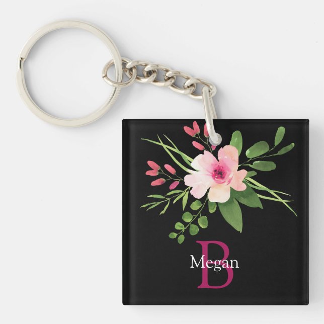 Porte-clefs Fleur aquarelle, nom et monogramme sur fond noir (Devant)