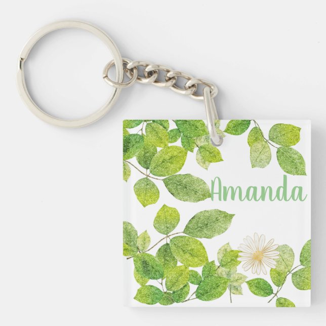 Porte-clefs Fleur blanche et jardin Feuille vert (Devant)