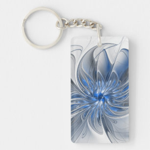 Porte-clefs Fleur d'art fractal à l'aquarelle grise et bleue a