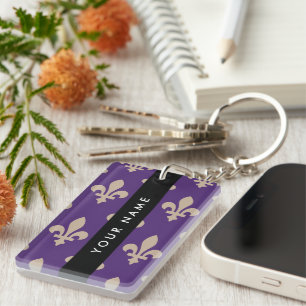 Porte-clefs Fleur de Lis, Beige sur Violet, Royal, Votre Nom