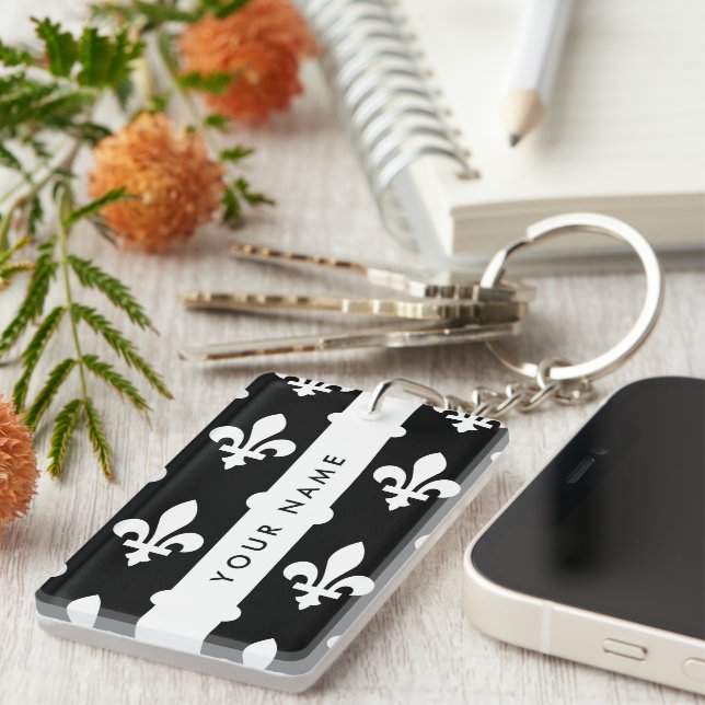 Porte-clefs Fleur de Lis, Blanc sur Noir, Blanc, Votre Nom (Devant droit)