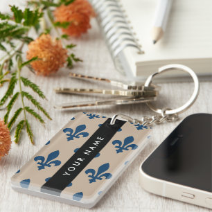 Porte-clefs Fleur de Lis, Bleu Marine sur Beige, Royal, Votre