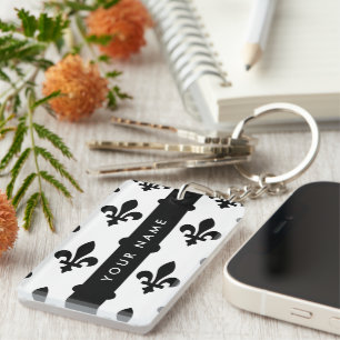 Porte-clefs Fleur de Lis, Noir sur Blanc, Noir, Votre Nom