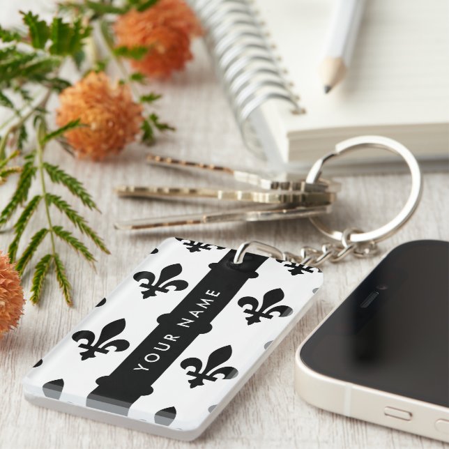 Porte-clefs Fleur de Lis, Noir sur Blanc, Noir, Votre Nom (Devant droit)