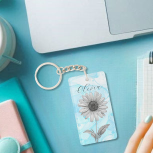 Porte-clefs Fleur de marguerite Bleu Clair Personnalisé