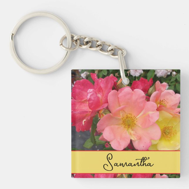 Porte-clefs Fleur de rose jaune rouge Roses floraux (Devant)