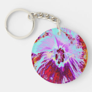 Porte-clefs Fleur de Tilleul Tropical Abstrait Aqua et Hibiscu