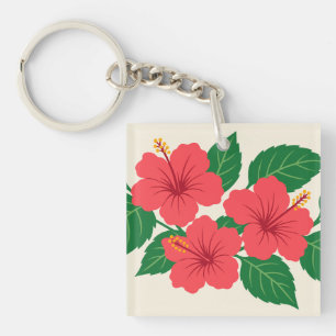 Porte-clefs Fleur d'Hibiscus Tropical et Feuille Verte