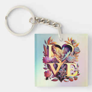 Porte-clefs Fleur Élégante, Cœur et Amour Doré