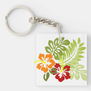 Porte-clefs Fleur Feuilles tropicaux Hibiscus Hawaii Rouge Ora