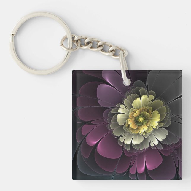 Porte-clefs Fleur fractale grise et pourpre moderne abstraite (Devant)