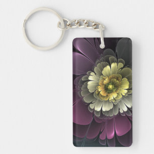 Porte-clefs Fleur fractale grise khaki pourpre moderne abstrai