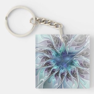 Porte-clefs Fleur fractale moderne abstraite avec du bleu