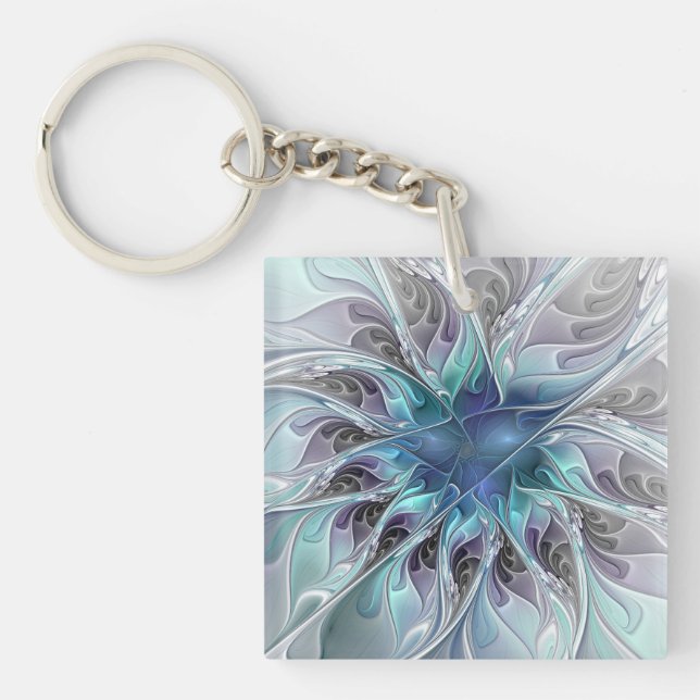Porte-clefs Fleur fractale moderne abstraite avec du bleu (Devant)
