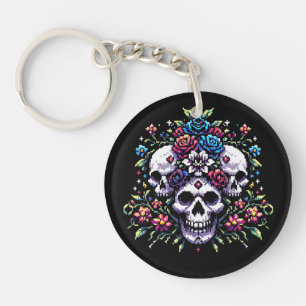Porte-clefs Fleur gothique - Mystique floral crâne Pixel Art
