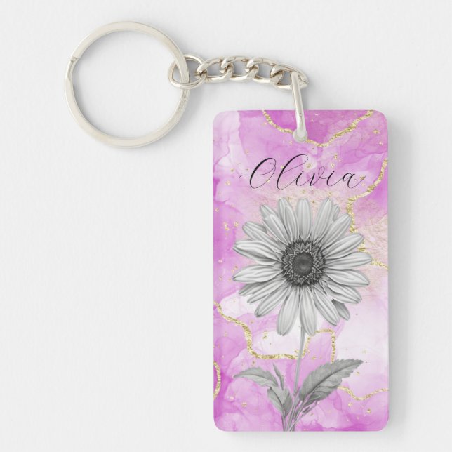 Porte-clefs Fleur marguerite rose personnalisée (Devant)