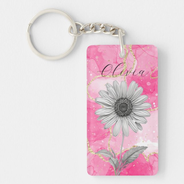 Porte-clefs Fleur marguerite rose personnalisée (Devant)