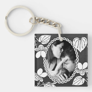 Porte-clefs Fleur ovale noir et blanc Photo personnalisée