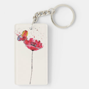 Porte-clefs Fleur peinte stylisée de pavot d'aquarelle