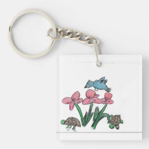 Porte-clefs Fleur rose avec oiseau