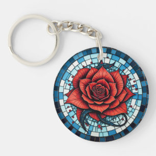 Porte-clefs Fleur Rose en mosaïque blanche rouge