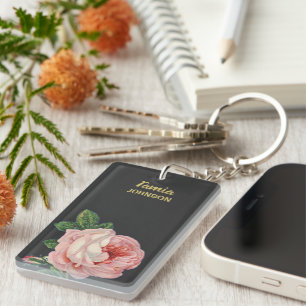 Porte-clefs Fleur rose nom personnalisé gris