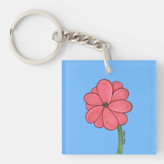 Porte-clefs Fleur rose pleine avec fond bleu
