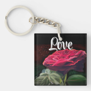 Porte-clefs Fleur Rouge Rose Vert Black Art Floral Fleurs