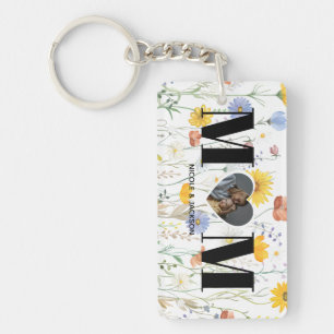 Porte-clefs Fleur sauvage Coeur Photo Nom Fête des mères