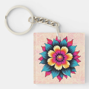 Porte-clefs Fleur stylisée audacieuse et vibrante en jaune, ro