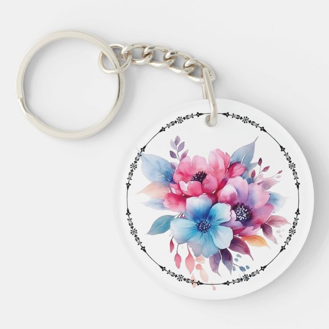 Porte-clefs Fleurs à l'aquarelle conception florale (Devant)