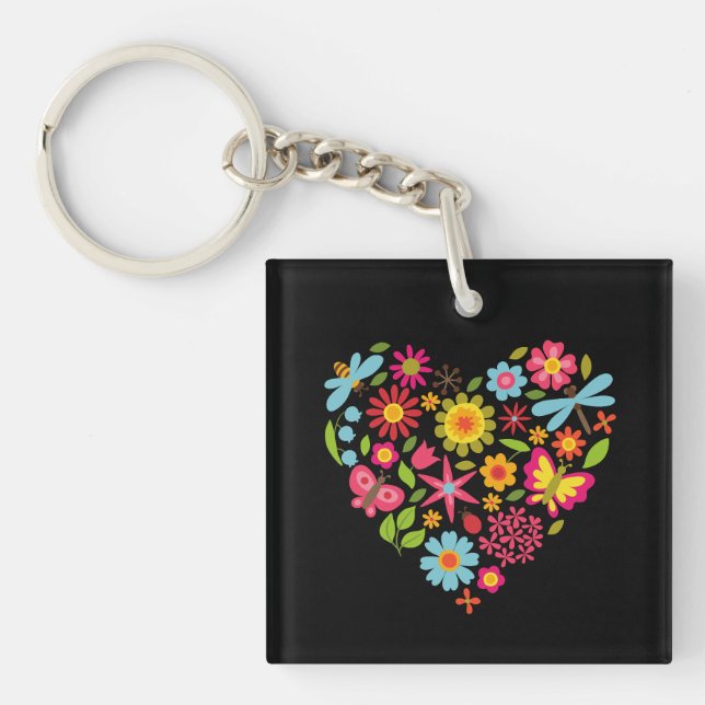 Porte-clefs Fleurs Abstraites Modernes Vert & Orange (Devant)