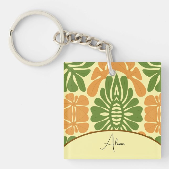 Porte-clefs Fleurs Abstraites Modernes Vert & Orange (Devant)