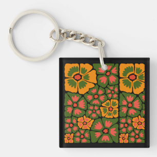 Porte-clefs Fleurs Abstraites Modernes Vert & Orange