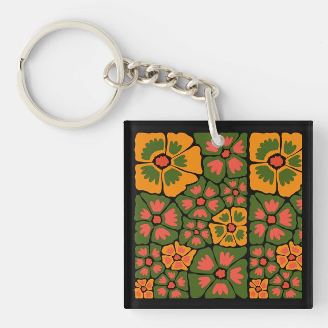 Porte-clefs Fleurs Abstraites Modernes Vert & Orange (Devant)