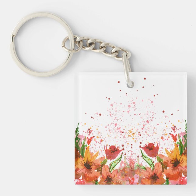Porte-clefs Fleurs Abstraites Modernes Vertes et Orange (Devant)
