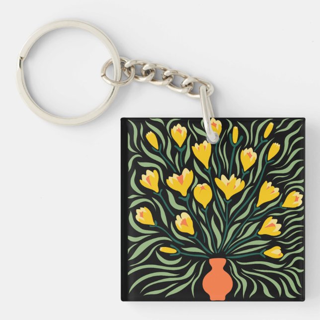 Porte-clefs Fleurs Abstraites Modernes Vertes et Orange (Devant)